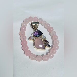 Sterling Silver, Amethyst, Rose Quartz, Moonstone Pendant & Rose Quartz Bracelet